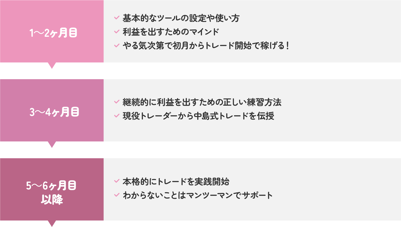 1~2か月目 ・基本的なツールの設定や使い方 ・利益を出すためのマインド ・やる気次第で初月からトレード開始で稼げる！ 3~4か月 ・継続的に利益を出すための正しい練習方法 ・現役トレーダーから中島式トレードを伝授 5~6か月目 ・本格的にトレードを実践開始 ・分からないことはマンツーマンでサポート