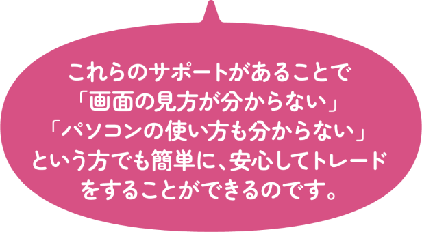 これらのサポートがあることで「画面の見方が分からない」「パソコンの使い方も分からない」という方でも簡単に、安心してトレードをすることができるのです。